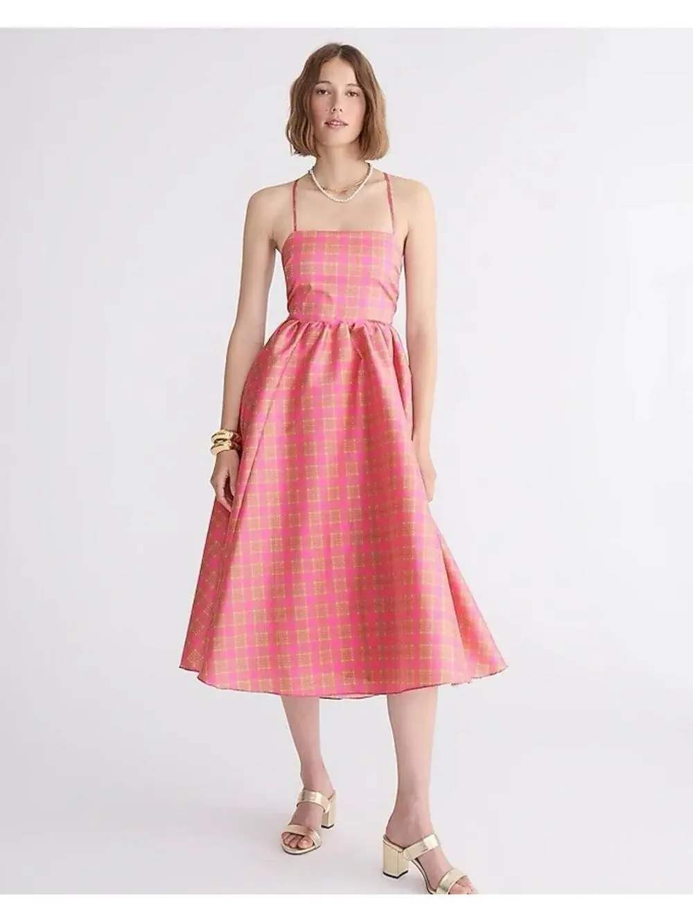 J.Crew Collection Plaid Stretch Taffeta Midi Dress Pink Size 14 NWT